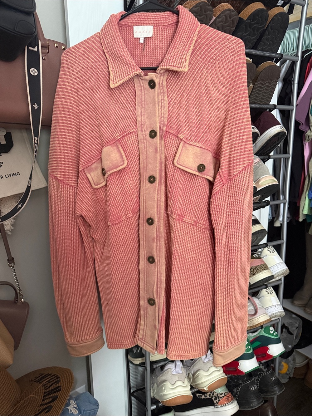 entro Coral Pink Ribbed Button-Front Utility Jacket
